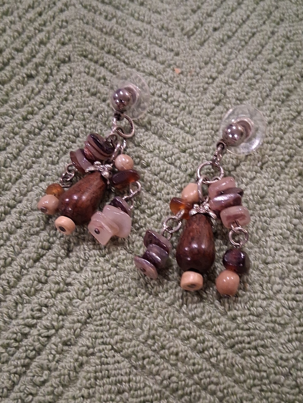 Handmade Brown Wood and Bead Dangle Earrings